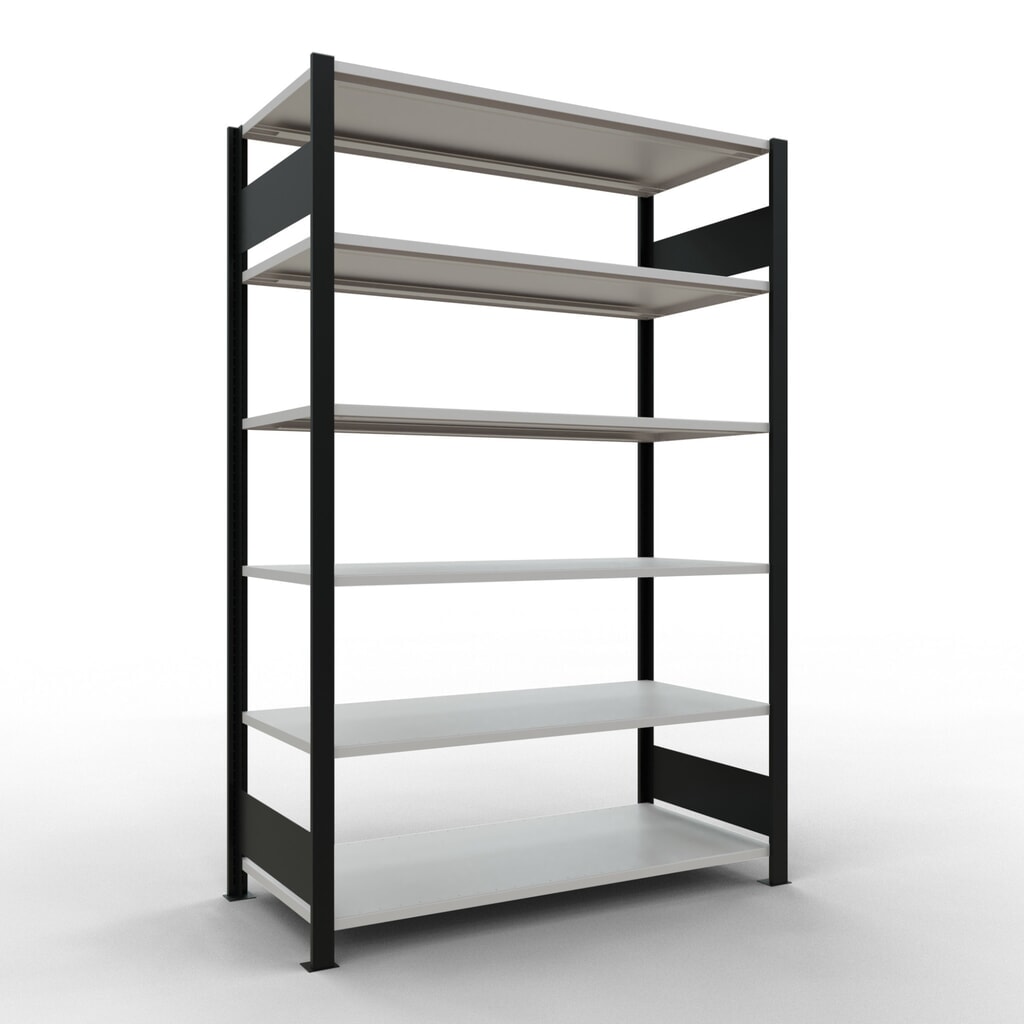 Illustration du produit: Rayonnage de bureau SCHULTE travée de base, utilisable des deux côtés, sans butées centrales, CT 150 kg, noir, HxlxP 2 000 x 1 300 x 600 mm