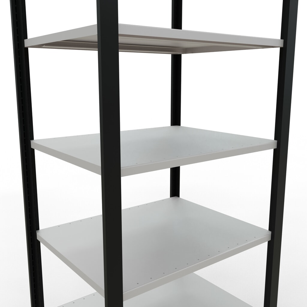 Rayonnage de bureau SCHULTE travée de base, utilisable des deux côtés, sans butées centrales, CT 150 kg, noir, HxlxP 2 300 x 750 x 600 mm N° de l'image du produit 4 : Rayonnage de bureau SCHULTE travée de base, utilisable des deux côtés, sans butées centrales, CT 150 kg, noir, HxlxP 2 300 x 750 x 600 mm