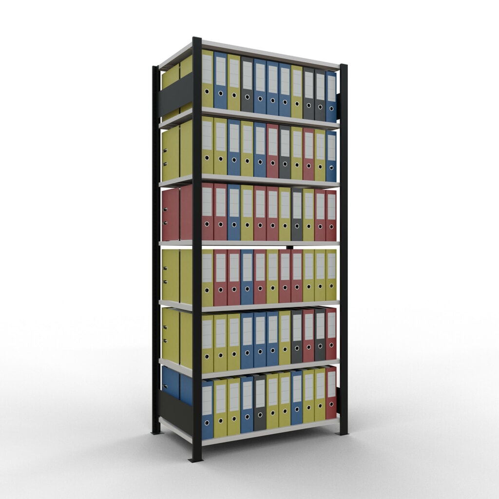 Rayonnage de bureau SCHULTE travée de base, utilisable des deux côtés, sans butées centrales, CT 150 kg, noir, HxlxP 2 300 x 1 000 x 600 mm N° de l'image du produit 2 : Rayonnage de bureau SCHULTE travée de base, utilisable des deux côtés, sans butées centrales, CT 150 kg, noir, HxlxP 2 300 x 1 000 x 600 mm