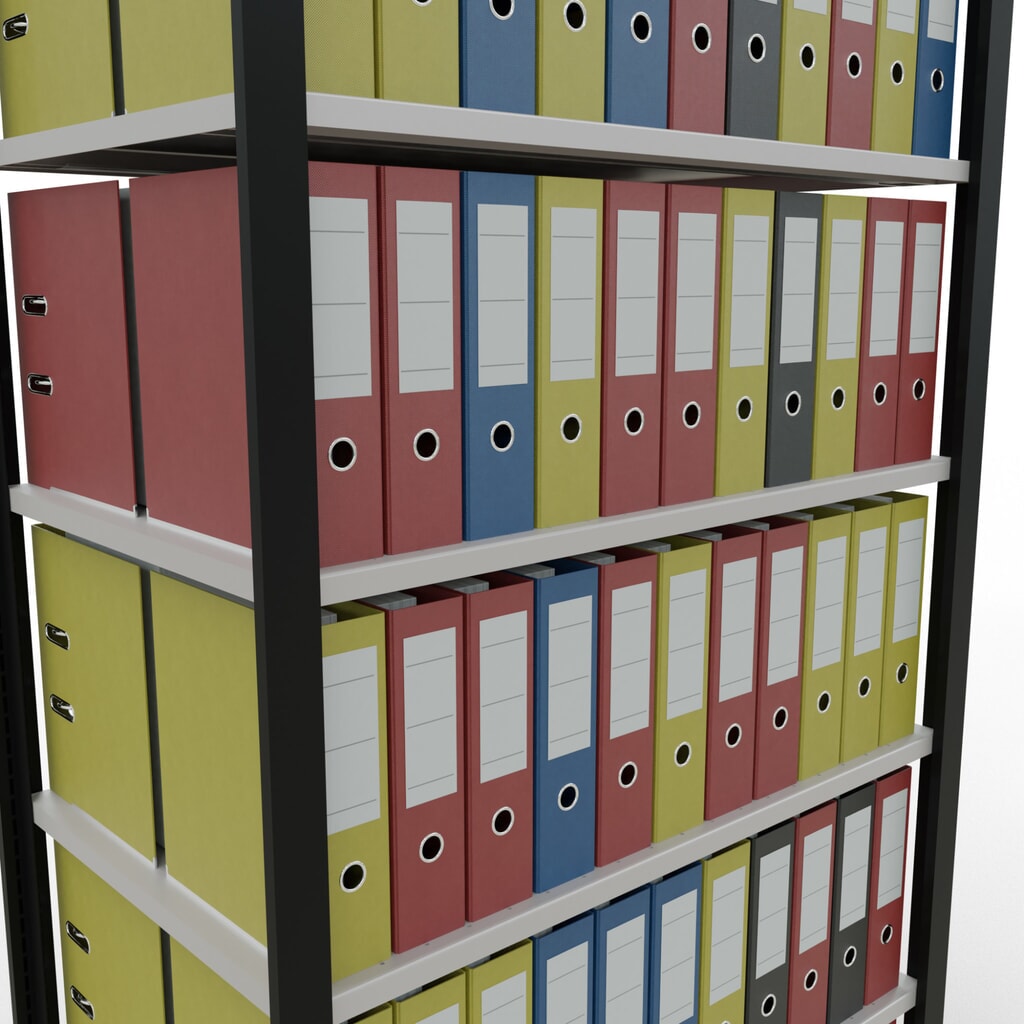 Rayonnage de bureau SCHULTE travée de base, utilisable des deux côtés, sans butées centrales, CT 150 kg, noir, HxlxP 2 300 x 1 000 x 600 mm N° de l'image du produit 3 : Rayonnage de bureau SCHULTE travée de base, utilisable des deux côtés, sans butées centrales, CT 150 kg, noir, HxlxP 2 300 x 1 000 x 600 mm