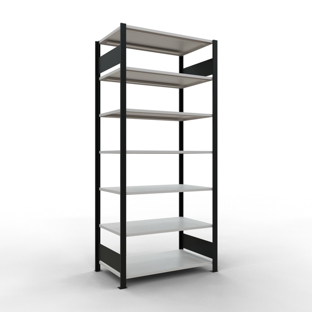 Rayonnage de bureau SCHULTE travée de base, utilisable des deux côtés, sans butées centrales, CT 150 kg, noir, HxlxP 2 300 x 1 000 x 600 mm Illustration du produit: Rayonnage de bureau SCHULTE travée de base, utilisable des deux côtés, sans butées centrales, CT 150 kg, noir, HxlxP 2 300 x 1 000 x 600 mm