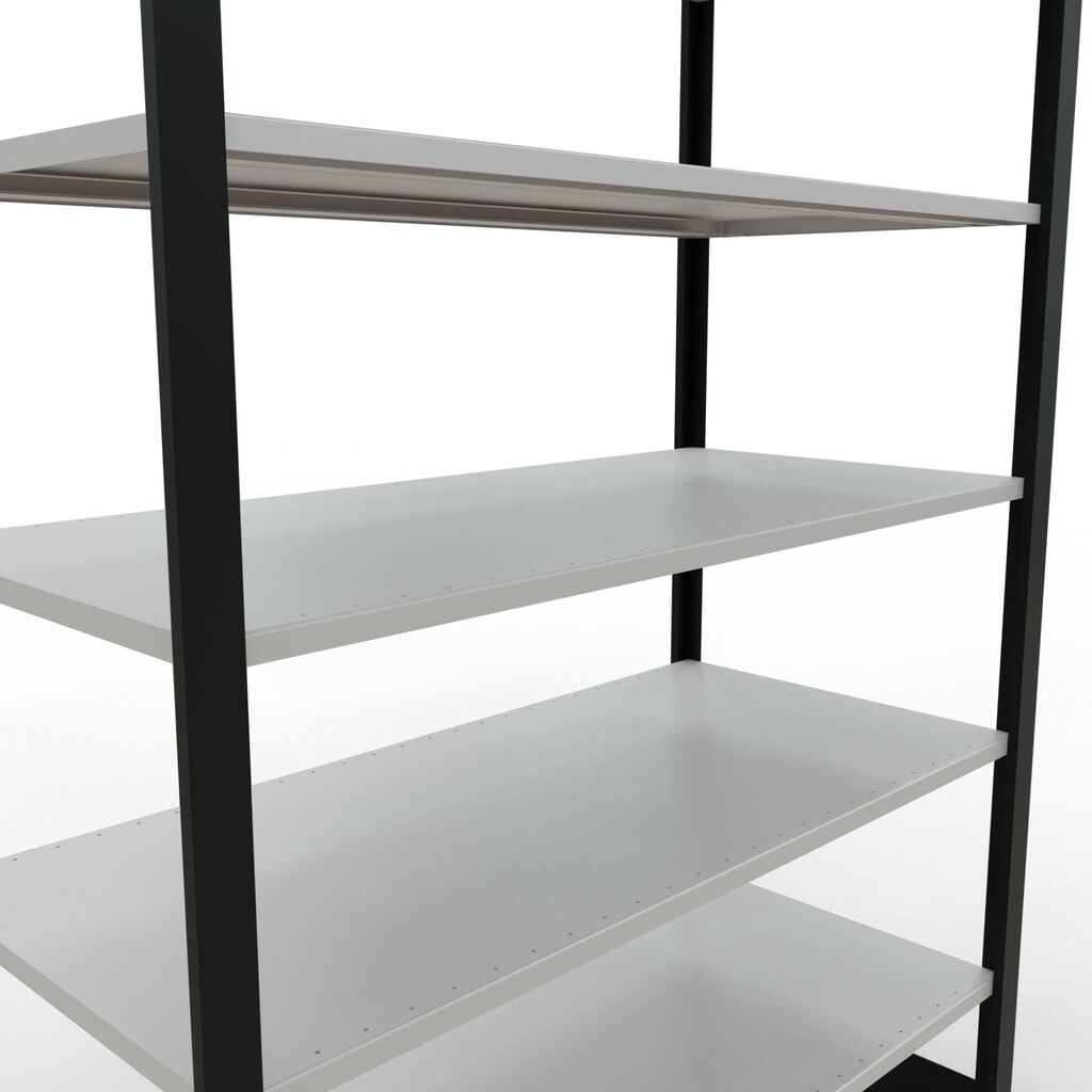 Rayonnage de bureau SCHULTE travée de base, utilisable des deux côtés, sans butées centrales, CT 150 kg, noir, HxlxP 2 300 x 1 300 x 600 mm N° de l'image du produit 4 : Rayonnage de bureau SCHULTE travée de base, utilisable des deux côtés, sans butées centrales, CT 150 kg, noir, HxlxP 2 300 x 1 300 x 600 mm