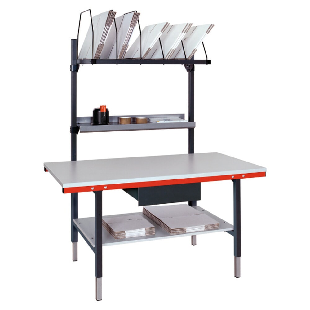 N° de l'image du produit 3 : Rocholz Table d’emballage SYSTEM 2000 réglable manuellement en hauteur, pack complet avec tiroir et plateau intermédiaire, H x l x P 690-960 x 1 600 x 800 mm