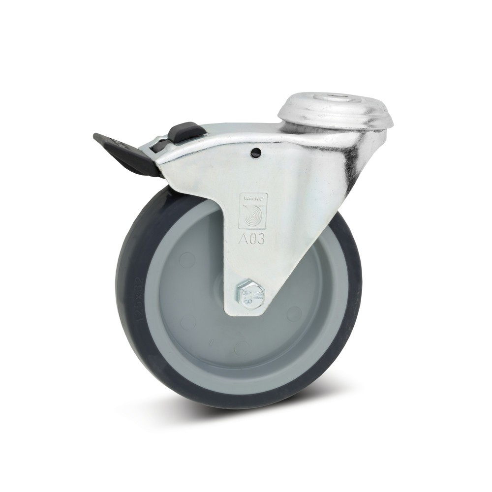 Illustration du produit: Roue d’appareil Wicke en TPU, roue directrice, palier lisse, dispositif de blocage inclus, trou de fixation sur face arrière, Ø x largeur 100 x 32 mm, capacité de charge 100 kg