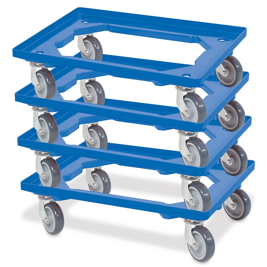 Rouleau de transport pour Bacs empilables Euro 600x400 mm bleu, 4 roulettes pivotantes, roues en Caoutchouc gris N° de l'image du produit 2 : Rouleau de transport pour Bacs empilables Euro 600x400 mm bleu, 4 roulettes pivotantes, roues en Caoutchouc gris