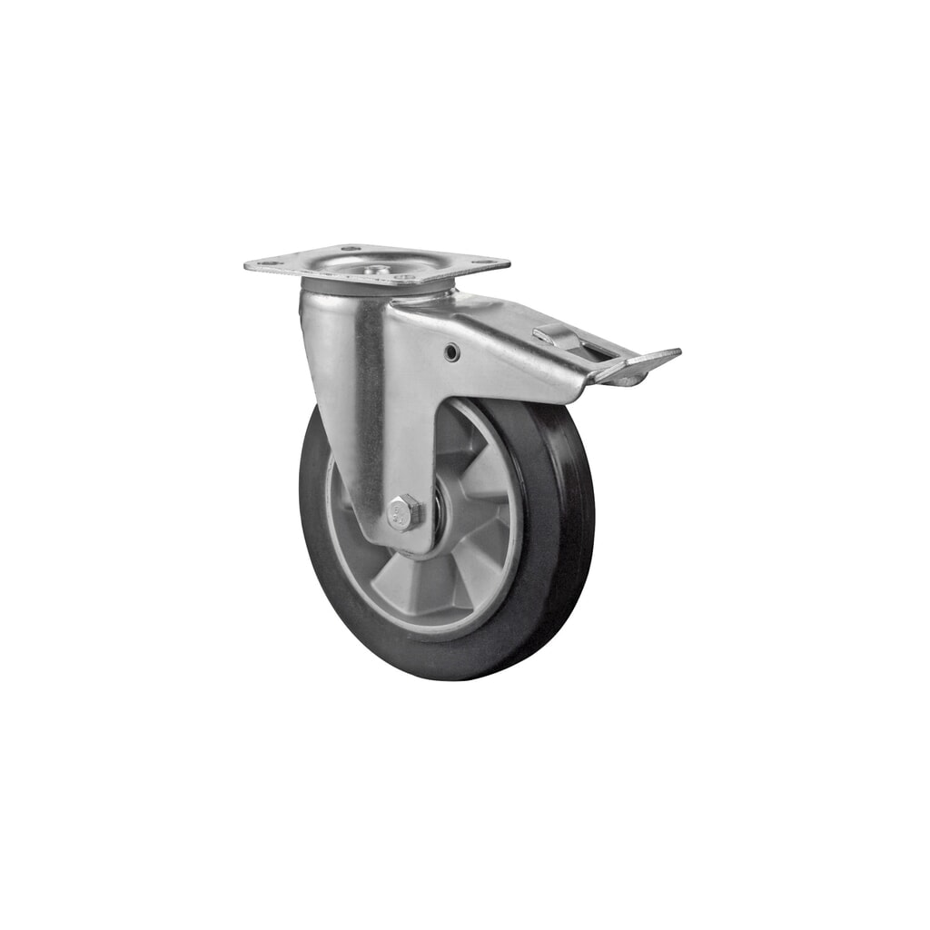 Roulette de transport en caoutchouc élastique, noire, roue directrice avec dispositif de blocage, roulement à billes, plaque, Ø x largeur 200 x 50 mm, capacité de charge 350 kg