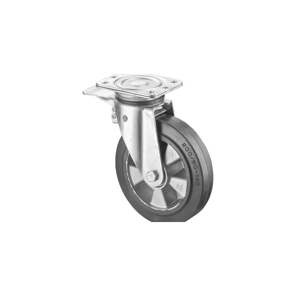 Illustration du produit: Roulette pour charges lourdes en caoutchouc élastique, roue directrice avec dispositif de blocage, roulement à billes, plaque, Ø x largeur 125 x 50 mm, capacité de charge 220 kg