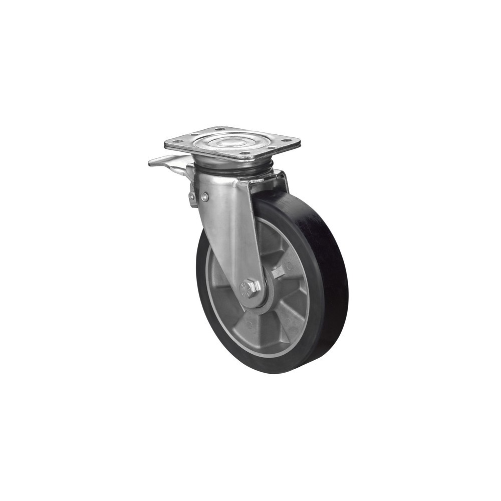 Illustration du produit: Roulette pour charges lourdes en polyuréthane moulé, roue directrice avec dispositif de blocage, roulement à billes, plaque, Ø x largeur 125 x 40 mm, capacité de charge 225 kg