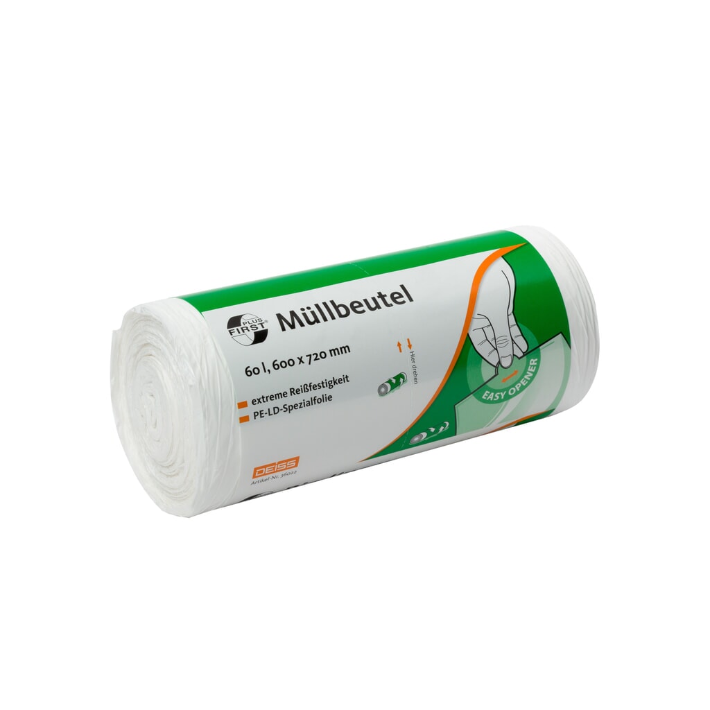 Sacs poubelle DEISS FIRST PLUS, 60 l, 600 x 720 mm, PEBD, 50 p./rouleau, 20 rouleaux/UV Illustration du produit: Sacs poubelle DEISS FIRST PLUS, 60 l, 600 x 720 mm, PEBD, 50 p./rouleau, 20 rouleaux/UV