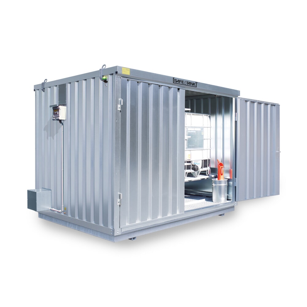Illustration du produit: Conteneur pour substances dangereuses SAFE Tank 1000 CONTROL, dispositif antidéflagrant automatisé pour une efficacité énergétique et une sécurité maximales, dimensions extérieures 3 350x2 170x2 310 mm, porte à doubles battants, au centre du