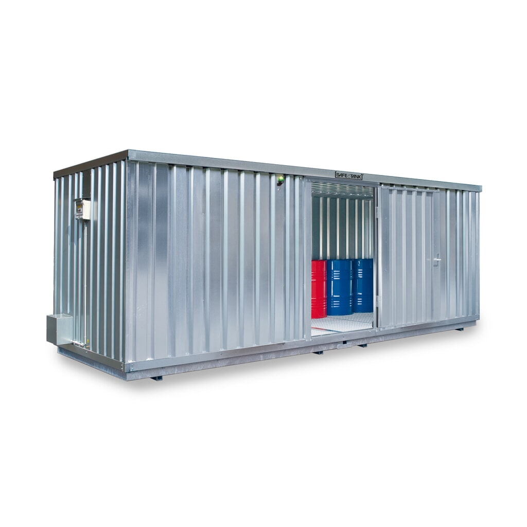 Illustration du produit: Conteneur pour substances dangereuses SAFE Tank 1000 ECO, à haut rendement énergétique grâce à la commande du ventilateur en fonction des besoins, dimensions extérieures 3 350x2 170x2 310 mm, porte à doubles battants, au centre du côté large,