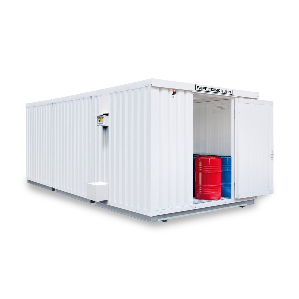 Illustration du produit: Combinaison de conteneurs pour substances dangereuses SAFE Tank, 3500 PLG/ALG, isolés, prémontés, revêtement plastique RAL 9002, dimensions extérieures 4 350x6 520x2 510 mm, porte à un battant, au centre du côté avant, surface de stockage
