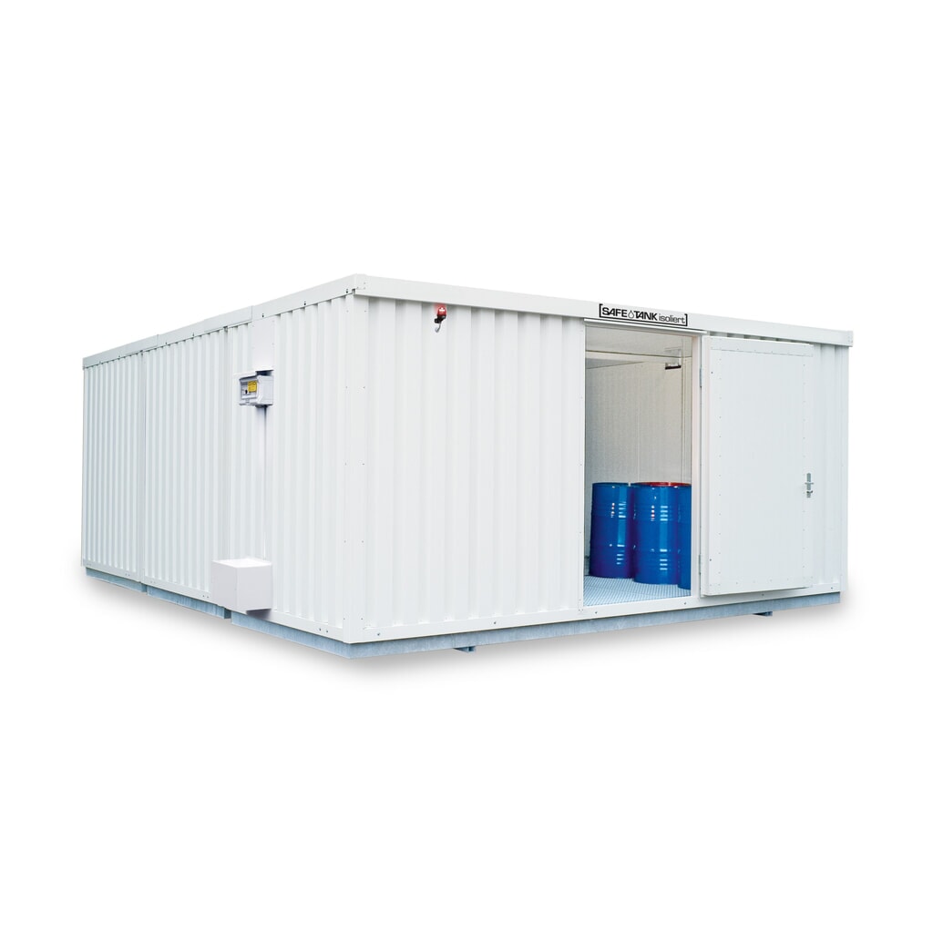 Combinaison de conteneurs pour substances dangereuses SAFE Tank, 5000 ALG, isolés, prémontés, revêtement plastique RAL 9002, dimensions extérieures 5 380x6 520x2 520 mm, porte à doubles battants, au centre du côté avant, surface de stockage Illustration du produit: Combinaison de conteneurs pour substances dangereuses SAFE Tank, 5000 ALG, isolés, prémontés, revêtement plastique RAL 9002, dimensions extérieures 5 380x6 520x2 520 mm, porte à doubles battants, au centre du côté avant, surface de stockage