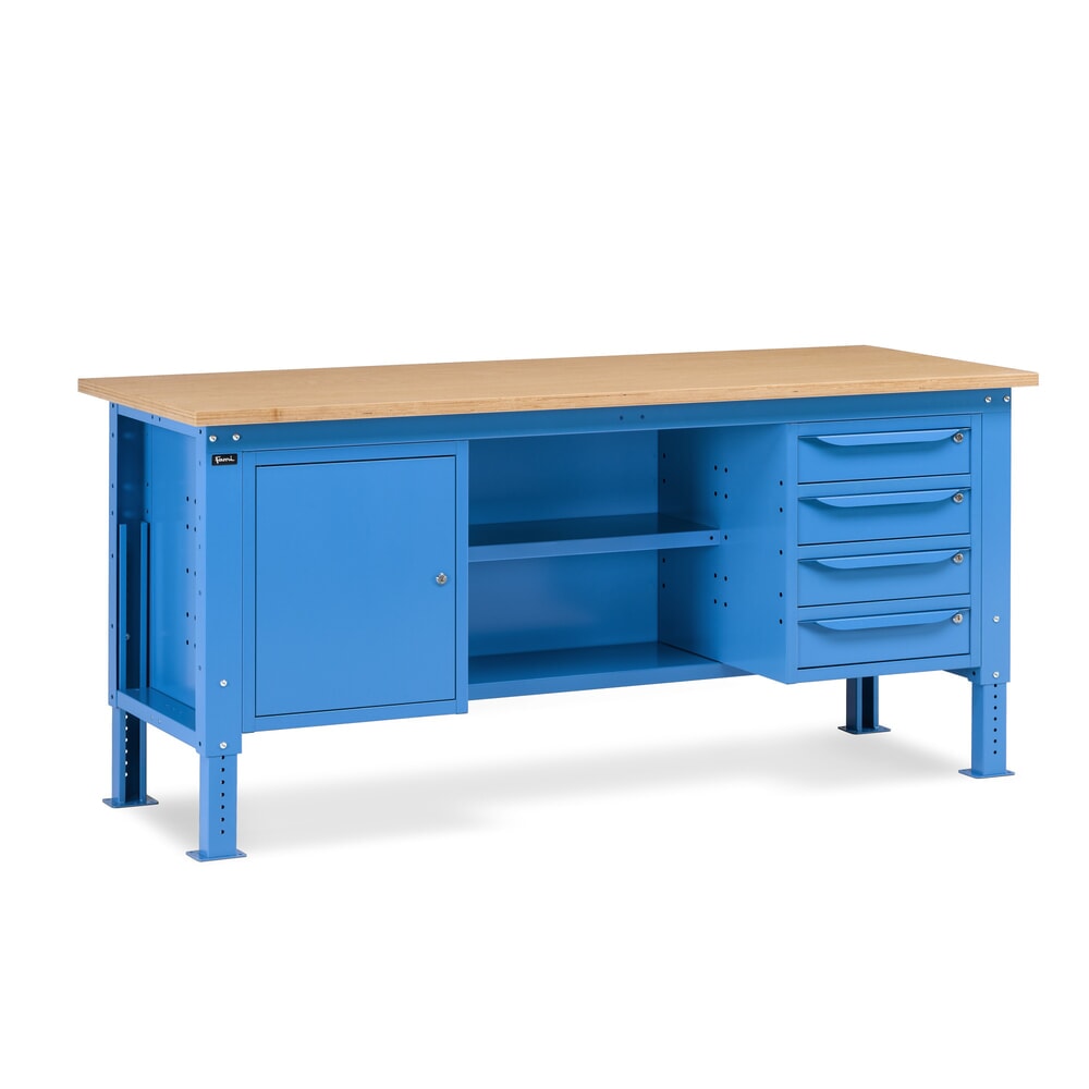 Illustration du produit: Établi Fami, réglable en Hauteur de construction, 4 tiroirs, armoire à gullwing, Paroi arrière avec 2 étagères, capacité de charge 1 000 kg, HxLxP 740-1,110 x 2 000 x 750 mm, RAL 5012 bleu clair