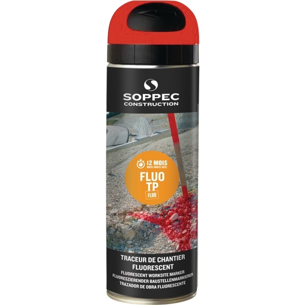 Traceur de chantier FLUO TP rouge fluo 500 ml bombe aérosol SOPPEC N° de l'image du produit 2 : Traceur de chantier FLUO TP rouge fluo 500 ml bombe aérosol SOPPEC