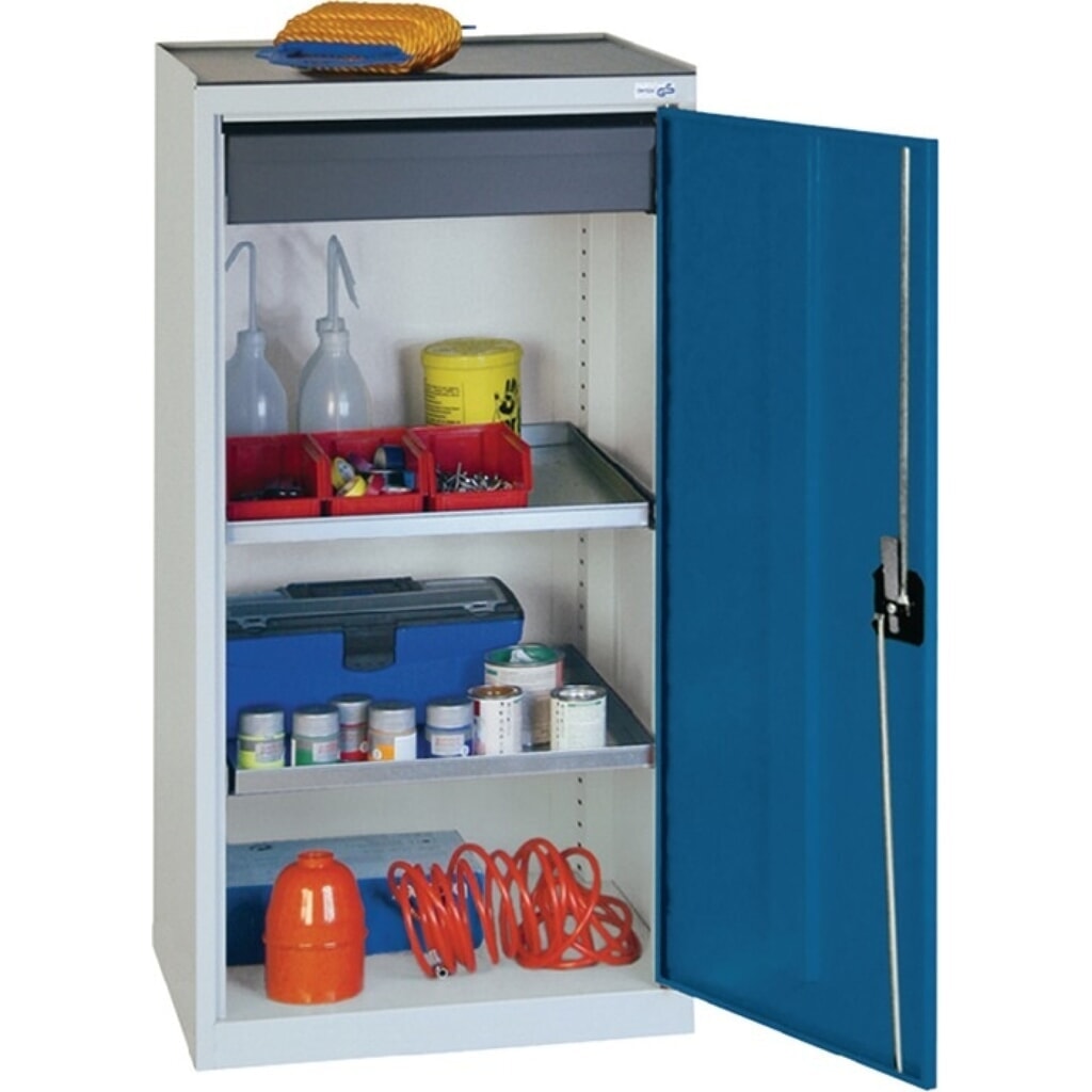 Armoire à outils / armoire d'appoint stumpf®, 1 tiroir, 2 tablettes, H 1 000 x L 500 x P 500 mm, gris clair, RAL 7035 / bleu gentiane, RAL 5010 Illustration du produit: Armoire à outils / armoire d'appoint stumpf®, 1 tiroir, 2 tablettes, H 1 000 x L 500 x P 500 mm, gris clair, RAL 7035 / bleu gentiane, RAL 5010