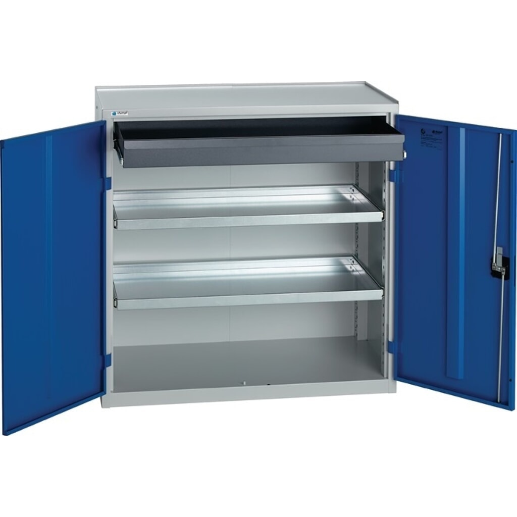 Armoire à outils / armoire d'appoint stumpf®, 1 tiroir, 2 tablettes, H 1 000 x L 1 000 x P 500 mm, gris clair, RAL 7035 / bleu gentiane, RAL 5010 Illustration du produit: Armoire à outils / armoire d'appoint stumpf®, 1 tiroir, 2 tablettes, H 1 000 x L 1 000 x P 500 mm, gris clair, RAL 7035 / bleu gentiane, RAL 5010