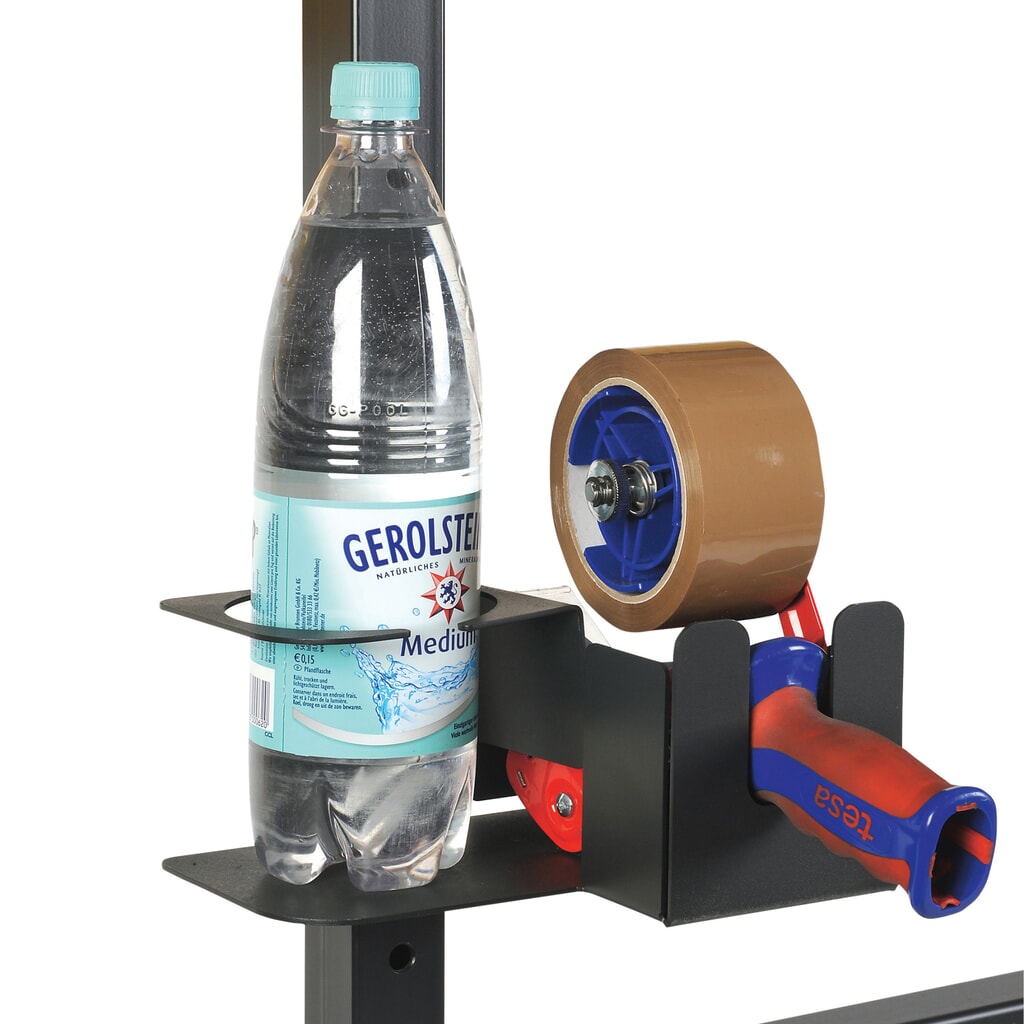 Support pour ruban adhésif et bouteilles pour table d'emballage, montage sur la barre, gris clair Illustration du produit: Support pour ruban adhésif et bouteilles pour table d'emballage, montage sur la barre, gris clair