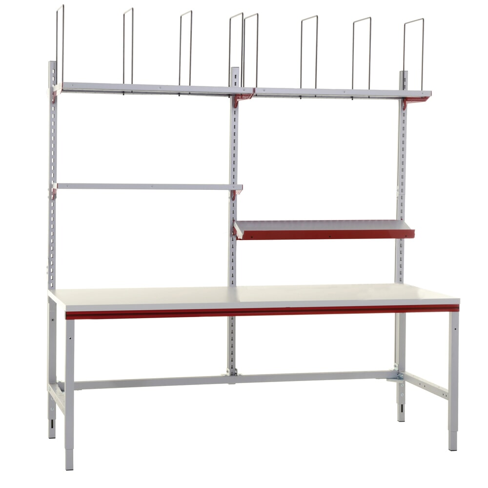 N° de l'image du produit 5 : Rocholz table d’emballage FLEX réglable en hauteur manuellement, installation avec tablettes et séparateurs de casiers, H x l x P 690-960 x 2 000 x 800 mm