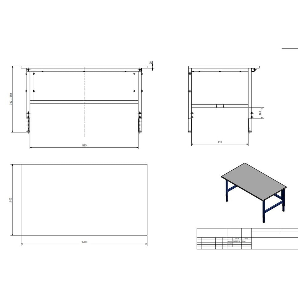 N° de l'image du produit 3 : DAHMEN Table d’emballage Classic réglable manuellement en hauteur, simple face, H x l x P 700-950 x 1 600 x 900 mm