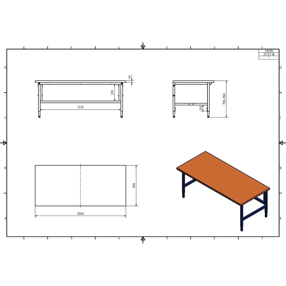 N° de l'image du produit 3 : DAHMEN Table d’emballage Multiplex réglable manuellement en hauteur, simple face, H x l x P 710-960 x 2 000 x 900 mm
