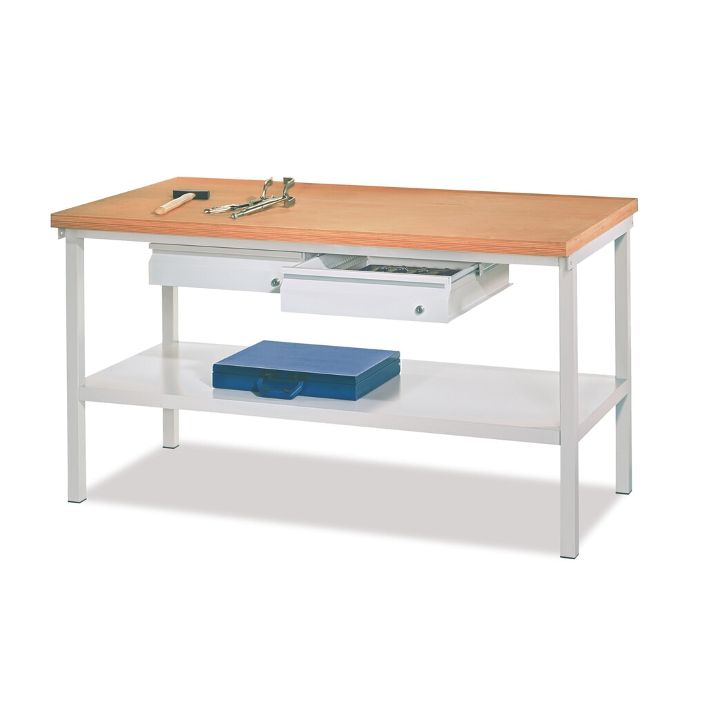 N° de l'image du produit 2 : Table d’établi PAVOY avec tiroir + tablette, H x l x P 900 x 2 000 x 700 mm, gris clair, gris clair