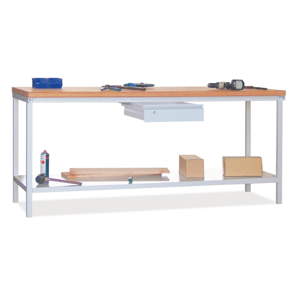 N° de l'image du produit 3 : Table d’établi PAVOY avec tiroir + tablette, H x l x P 900 x 2 000 x 700 mm, gris clair, gris clair