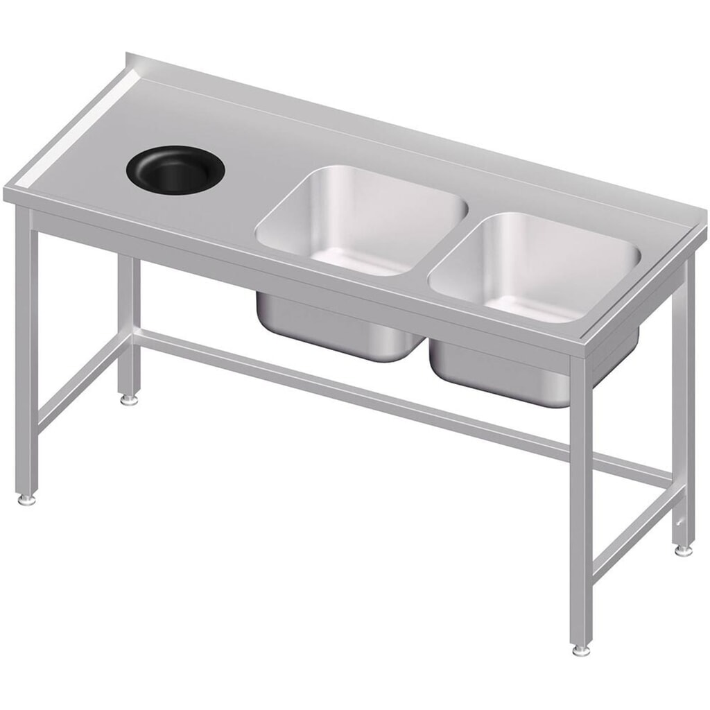 Illustration du produit: Meuble sous-évier Stalgast sans fond, avec trappe à déchets, 1400x600x850 mm, avec deux bacs à droite, avec rebord, soudé