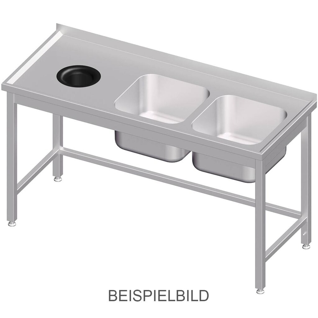 Illustration du produit: Meuble sous-évier Stalgast sans fond, avec trappe à déchets, 1400x600x850 mm, avec deux bacs à gauche, avec rebord, soudé