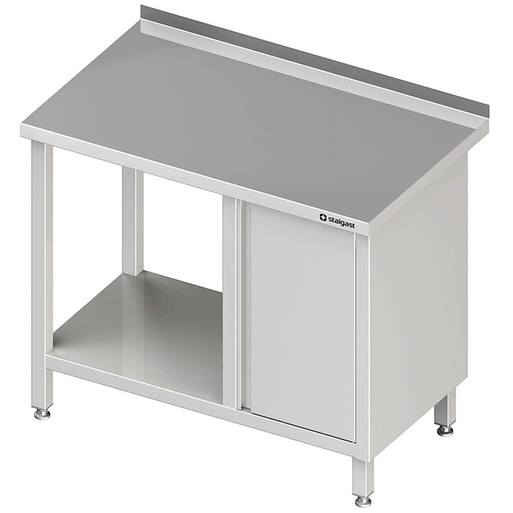 Table de travail Stalgast avec fond, 900x600x850 mm, avec armoire à portes battantes à droite, avec rebord, soudé Illustration du produit: Table de travail Stalgast avec fond, 900x600x850 mm, avec armoire à portes battantes à droite, avec rebord, soudé