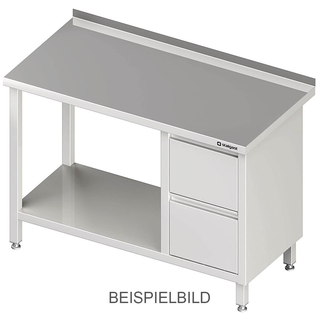Table de travail Stalgast avec fond, 800x600x850 mm, avec bloc 2 tiroirs à gauche, avec rebord, soudé Illustration du produit: Table de travail Stalgast avec fond, 800x600x850 mm, avec bloc 2 tiroirs à gauche, avec rebord, soudé