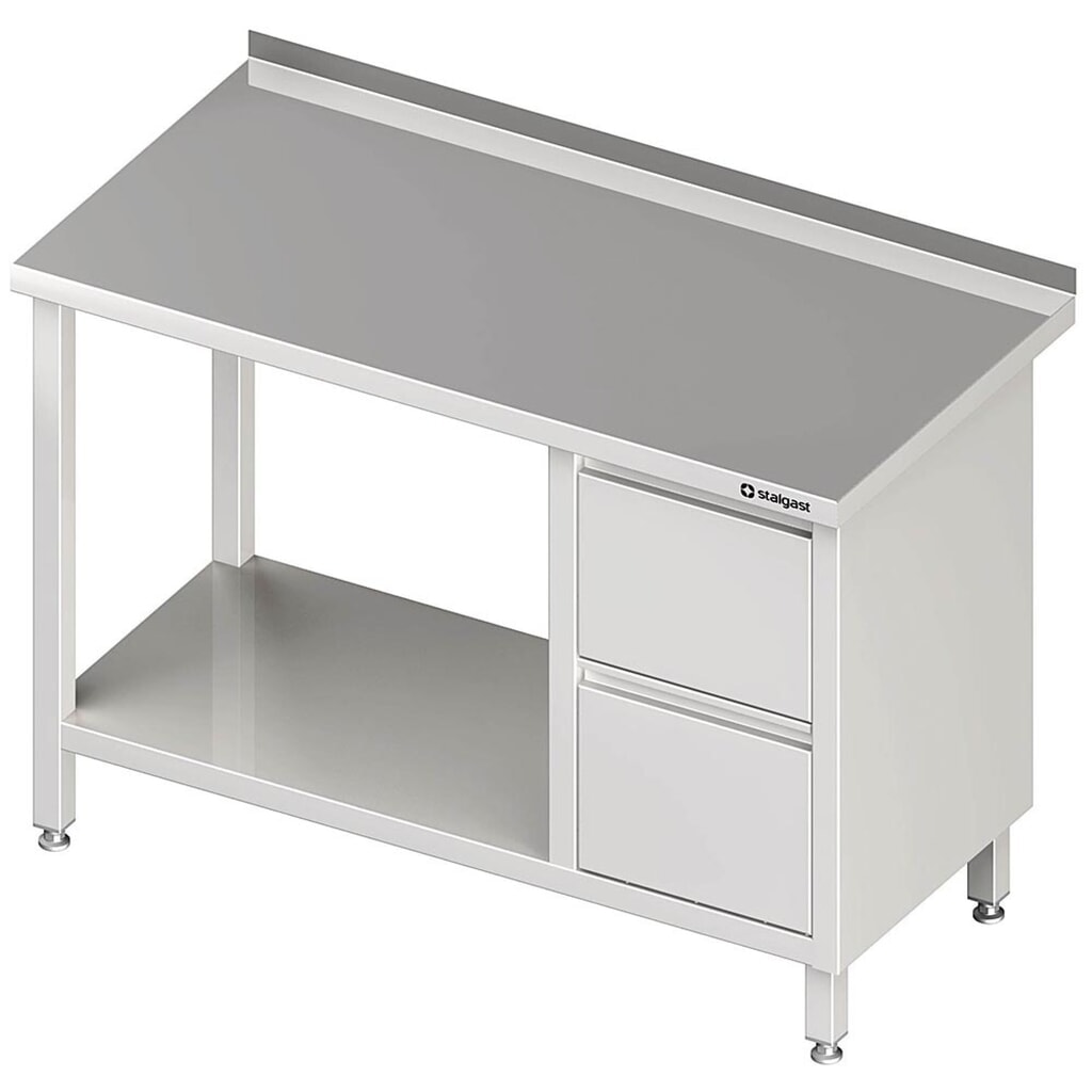 Table de travail Stalgast avec fond, 800x600x850 mm, avec bloc 2 tiroirs à droite, avec rebord, soudé Illustration du produit: Table de travail Stalgast avec fond, 800x600x850 mm, avec bloc 2 tiroirs à droite, avec rebord, soudé