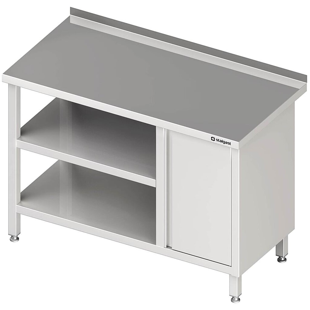 Table de travail Stalgast avec fond de base et plateau intermédiaire, 800 x 600 x 850 mm, avec armoire à portes battantes à droite, avec rebord, soudée Illustration du produit: Table de travail Stalgast avec fond de base et plateau intermédiaire, 800 x 600 x 850 mm, avec armoire à portes battantes à droite, avec rebord, soudée