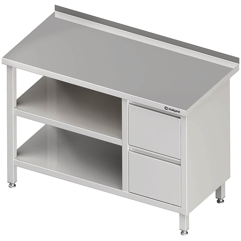 Table de travail Stalgast avec fond et plateau intermédiaire, 800 x 600 x 850 mm, avec bloc 2 tiroirs à droite, avec rebord, soudée Illustration du produit: Table de travail Stalgast avec fond et plateau intermédiaire, 800 x 600 x 850 mm, avec bloc 2 tiroirs à droite, avec rebord, soudée