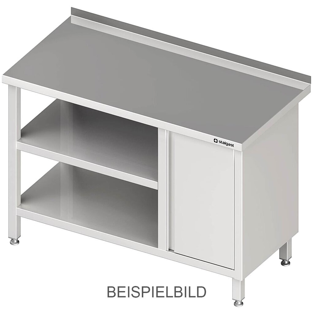 Table de travail Stalgast avec fond de base et plateau intermédiaire, 800 x 600 x 850 mm, avec armoire à portes battantes à gauche, avec rebord, soudée Illustration du produit: Table de travail Stalgast avec fond de base et plateau intermédiaire, 800 x 600 x 850 mm, avec armoire à portes battantes à gauche, avec rebord, soudée