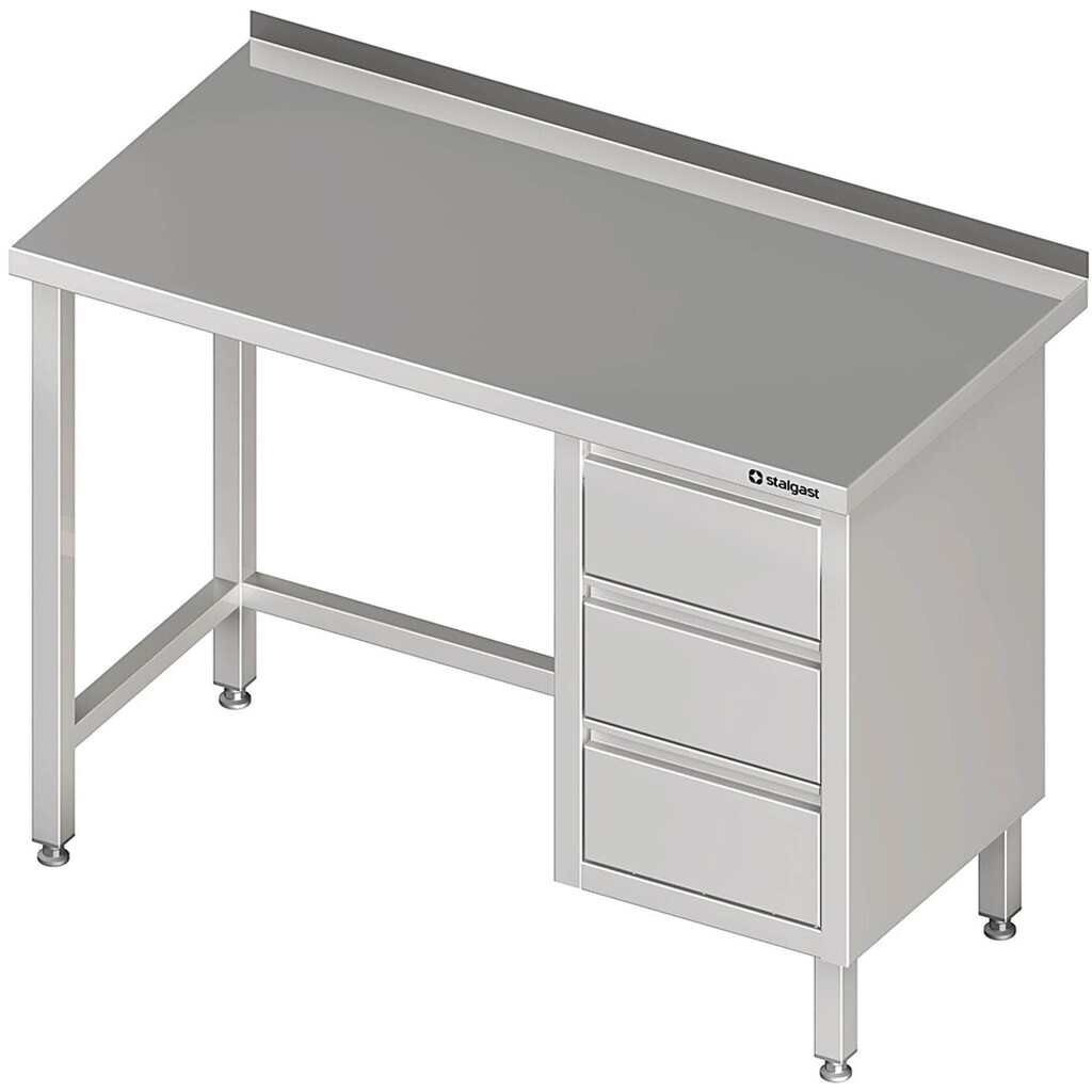 Table de travail Stalgast sans fond, 800x600x850 mm, avec bloc 3 tiroirs à gauche, avec rebord, soudé Illustration du produit: Table de travail Stalgast sans fond, 800x600x850 mm, avec bloc 3 tiroirs à gauche, avec rebord, soudé