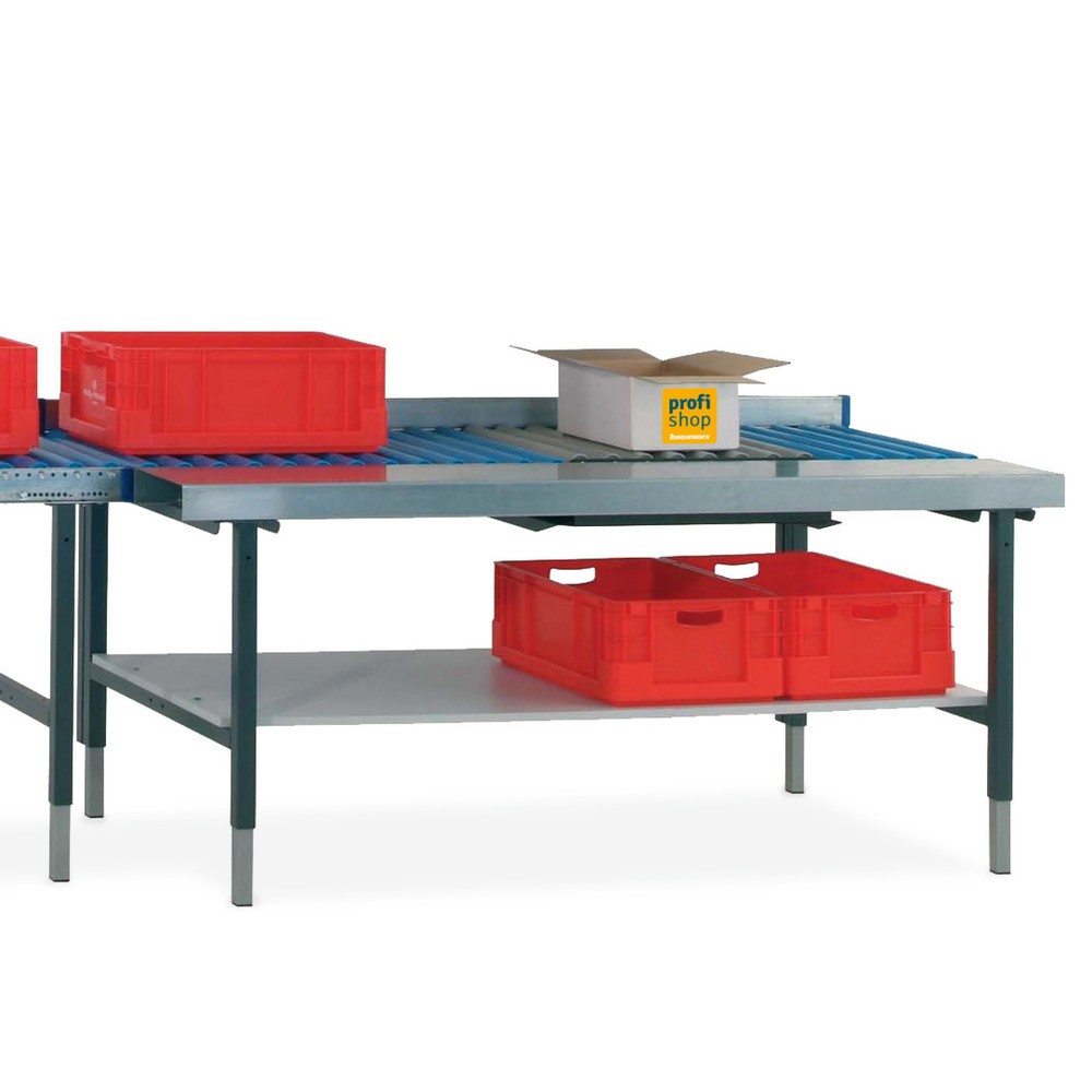 Illustration du produit: Rocholz Table d’emballage SYSTEM 2000 réglable manuellement en hauteur, avec transrouleur, avec surface de travail et balance, H x l x P 690-960 x 1 955 x 920 mm