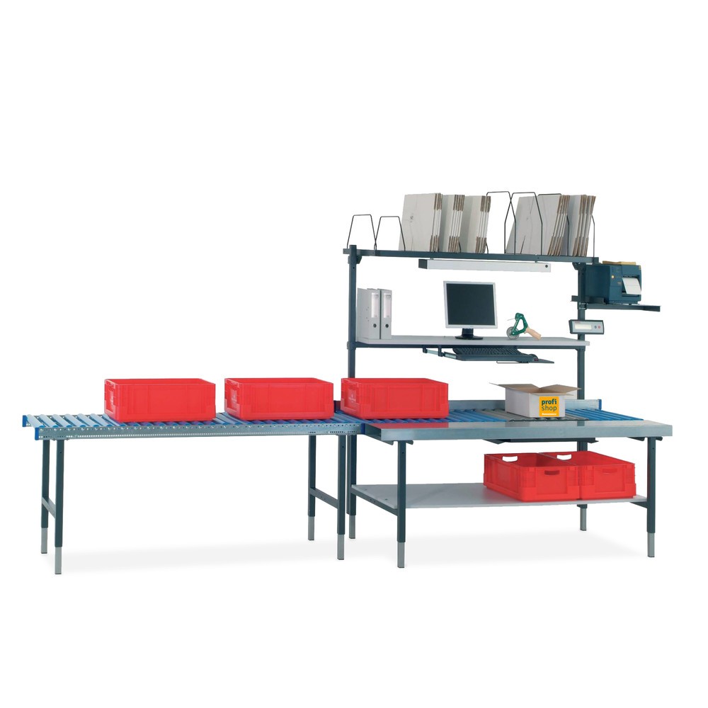 N° de l'image du produit 2 : Rocholz Table d’emballage SYSTEM 2000 réglable manuellement en hauteur, avec transrouleur, avec surface de travail et balance, H x l x P 690-960 x 1 955 x 920 mm