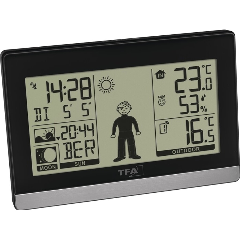 TFA Funkwetterstation Weather Boy, Kunststoff für innen und außen, H97xB145xT39mm schwarz/silber, Wetterfigur gibt Kleiderempfehlung Illustration du produit: TFA Funkwetterstation Weather Boy, Kunststoff für innen und außen, H97xB145xT39mm schwarz/silber, Wetterfigur gibt Kleiderempfehlung