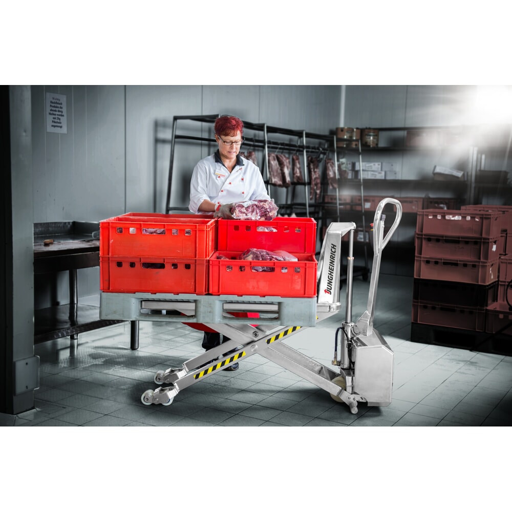N° de l'image du produit 2 : Transpalette à ciseaux en acier inoxydable Jungheinrich AMX I15ep, professionnel, capacité de charge 1 500 kg, longueur des fourches 1 200 mm, nylon