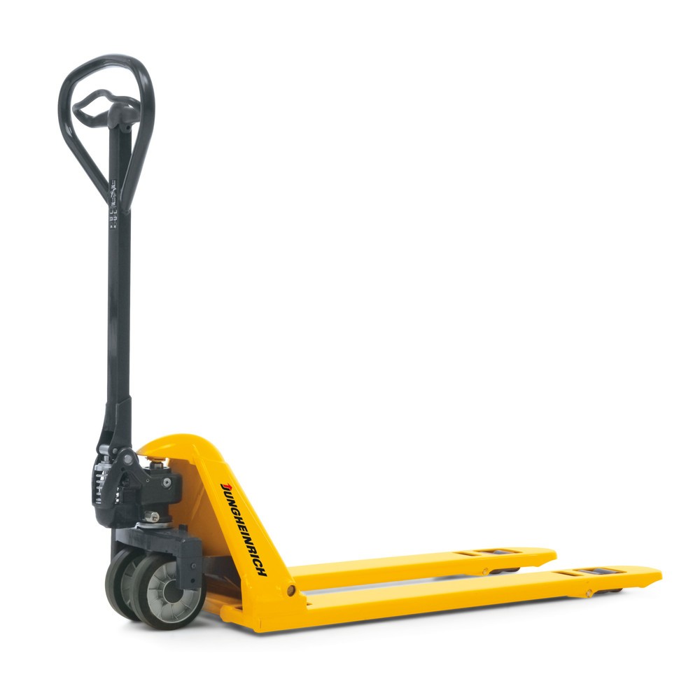 N° de l'image du produit 1 : Transpalette manuel surbaissé Jungheinrich AM 15l, capacité de charge 1 500 kg, longueur des fourches 1 150 mm, caoutchouc plein/nylon, galets tandem