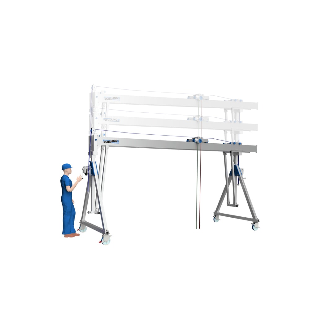 Treuil manuel pour portique en aluminium, avec câble métallique résistant à la torsion, course de 90 mm par tour, 2 pces/unité de vente Illustration du produit: Treuil manuel pour portique en aluminium, avec câble métallique résistant à la torsion, course de 90 mm par tour, 2 pces/unité de vente