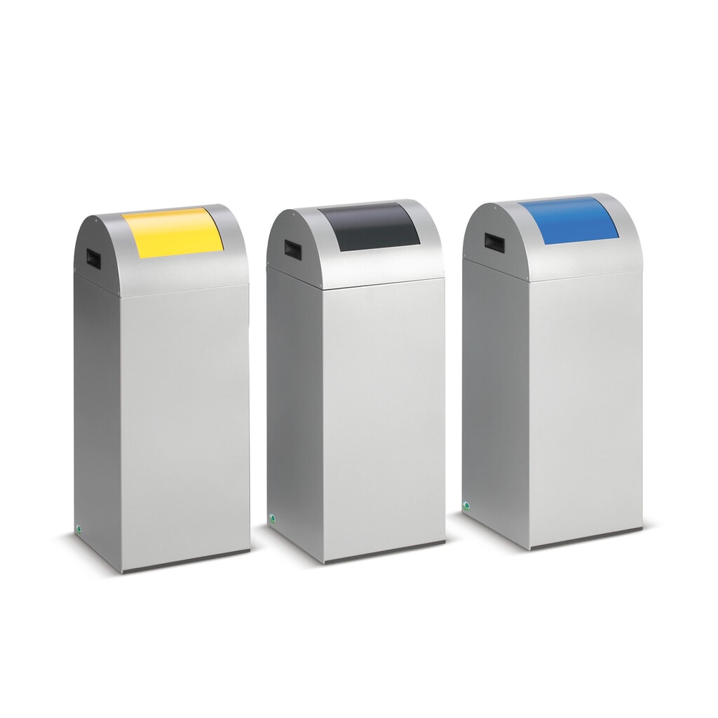 VAR® Collecteur de déchets, 60 litres, autoextinguible, corps argent, couvercle rond / bleu Illustration du produit: VAR® Collecteur de déchets, 60 litres, autoextinguible, corps argent, couvercle rond / bleu