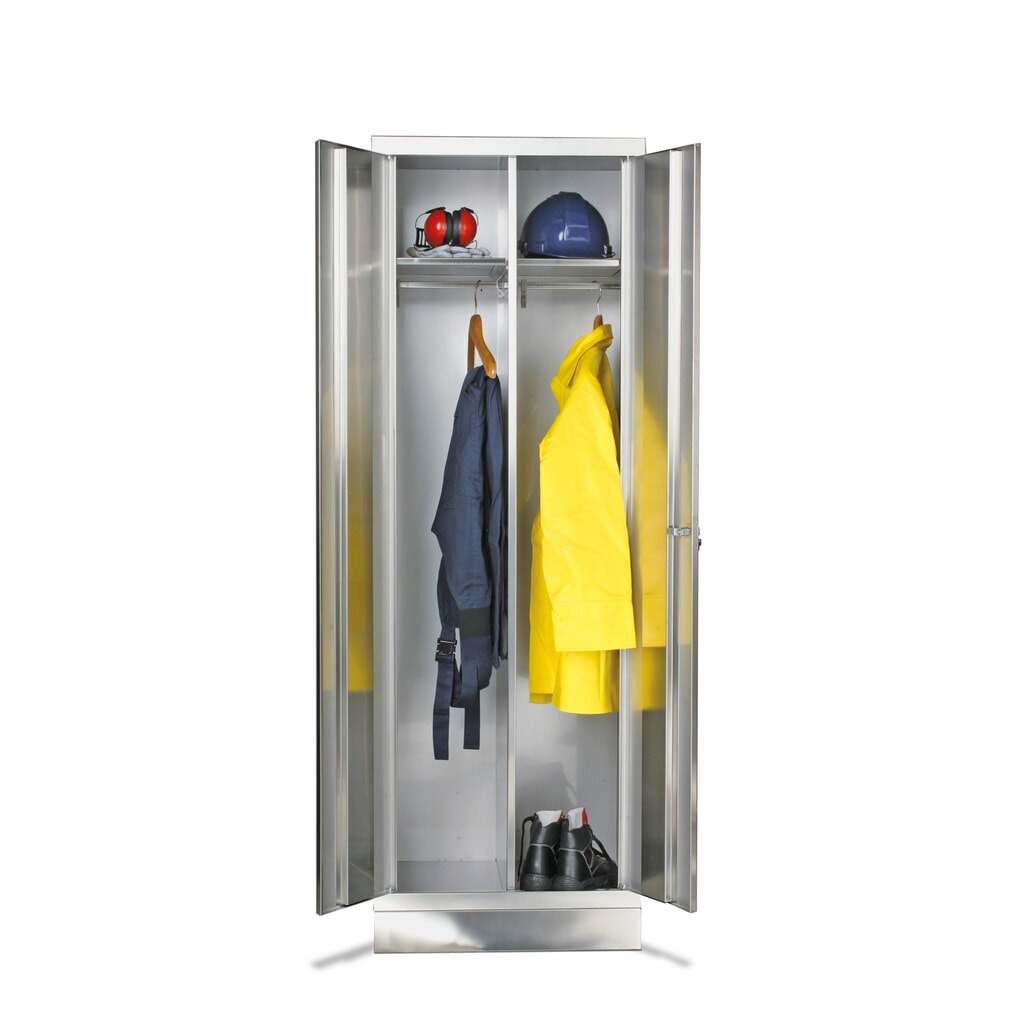 Vestiaire en acier inoxydable avec 2 barres de penderie, H x l x P 1 800 x 600 x 500 mm, avec socle Illustration du produit: Vestiaire en acier inoxydable avec 2 barres de penderie, H x l x P 1 800 x 600 x 500 mm, avec socle