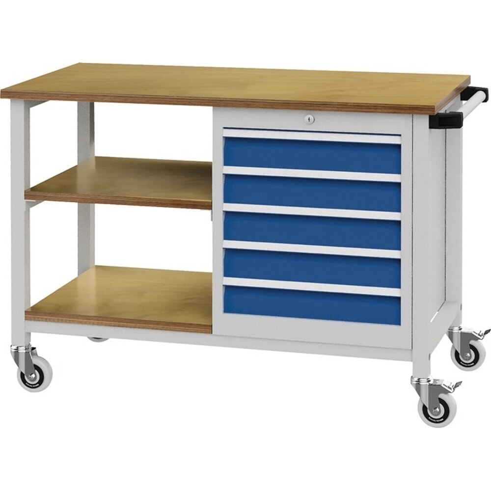 Illustration du produit: Werkbank, lichtgrau / signalblau, B1200xT540xH880mm Buche Multiplex, 5 Schubladen