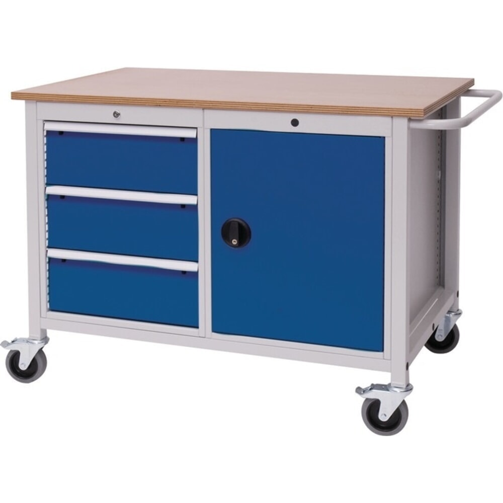 Illustration du produit: Werkbank, lichtgrau / signalblau, B1250xT750xH935mm Buche Multiplex, 3 Schubladen 1 Tür