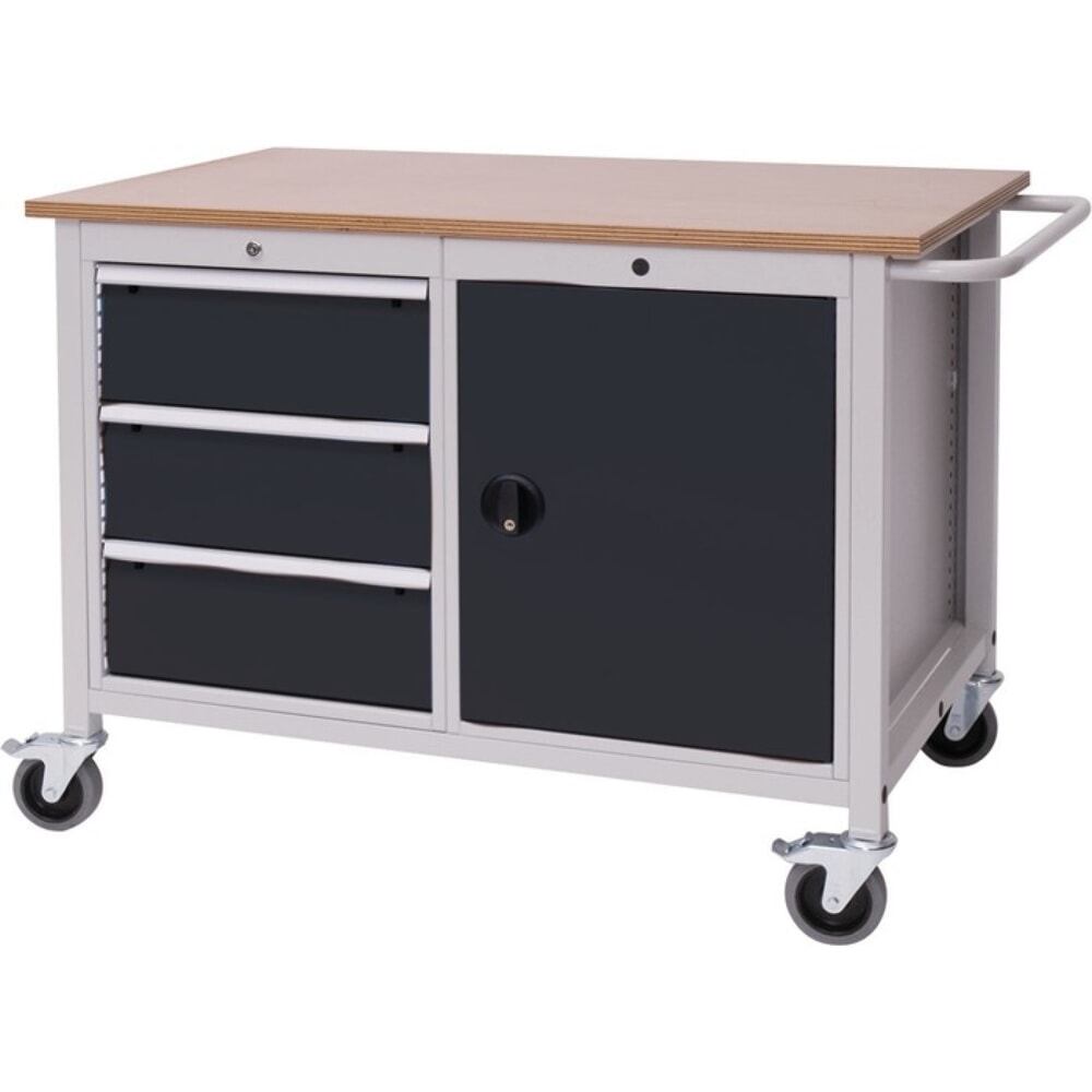 Illustration du produit: Werkbank, lichtgrau / anthrazitgrau, B1250xT750xH935mm Buche Multiplex, 3 Schubladen 1 Tür
