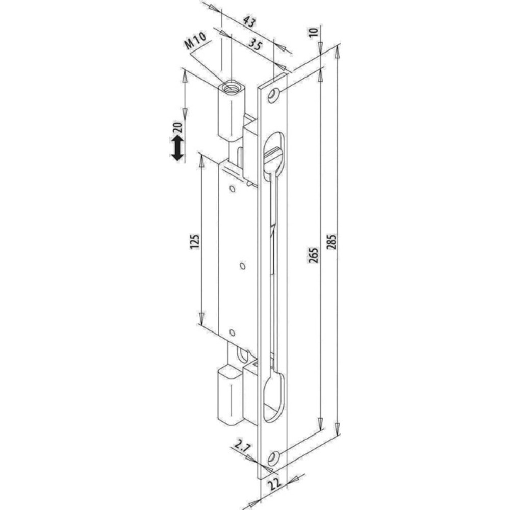 Produktabbildung Nr. 2: FUHR Türkantriegel Basküle, Stulpl.285 mm Stahl verzinkt, 35 mmStulpb.22 mm, Flachstulp käntig