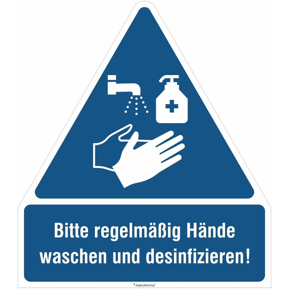 Produktabbildung: GGebotsschild-Kombination "Bitte regelmässig Hände waschen und desinfizieren!", dreieckig, Stärke 0,8 mm