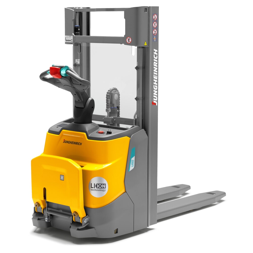 Illustration du produit: Gerbeur électrique Jungheinrich ERC 110i ZT avec plateforme de conduite, mât télescopique double, hauteur de levage 2 300 mm, capacité de charge 1 000 kg, hydraulique proportionnelle, CH